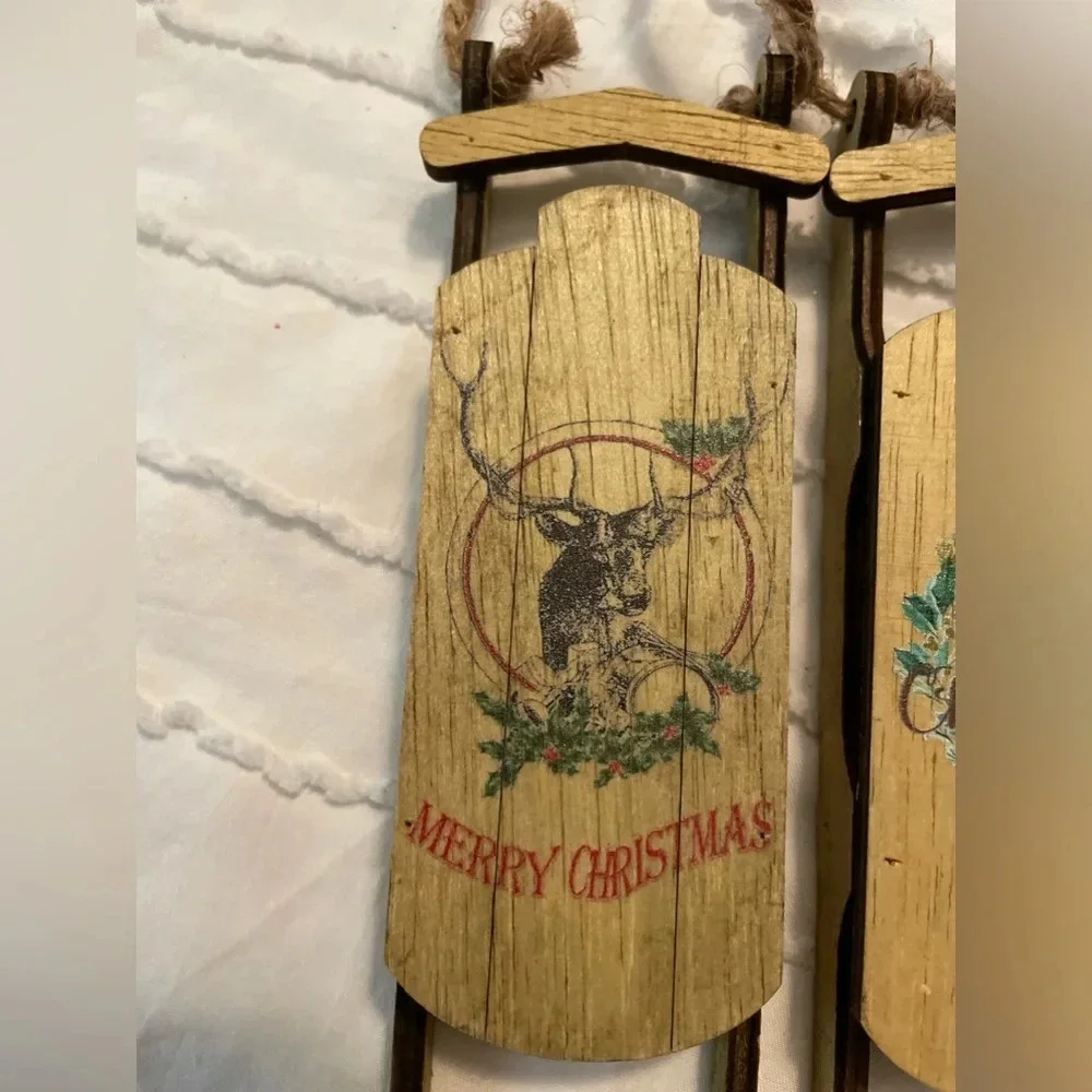 At Home wood sleigh Christmas ornaments bundle of 3